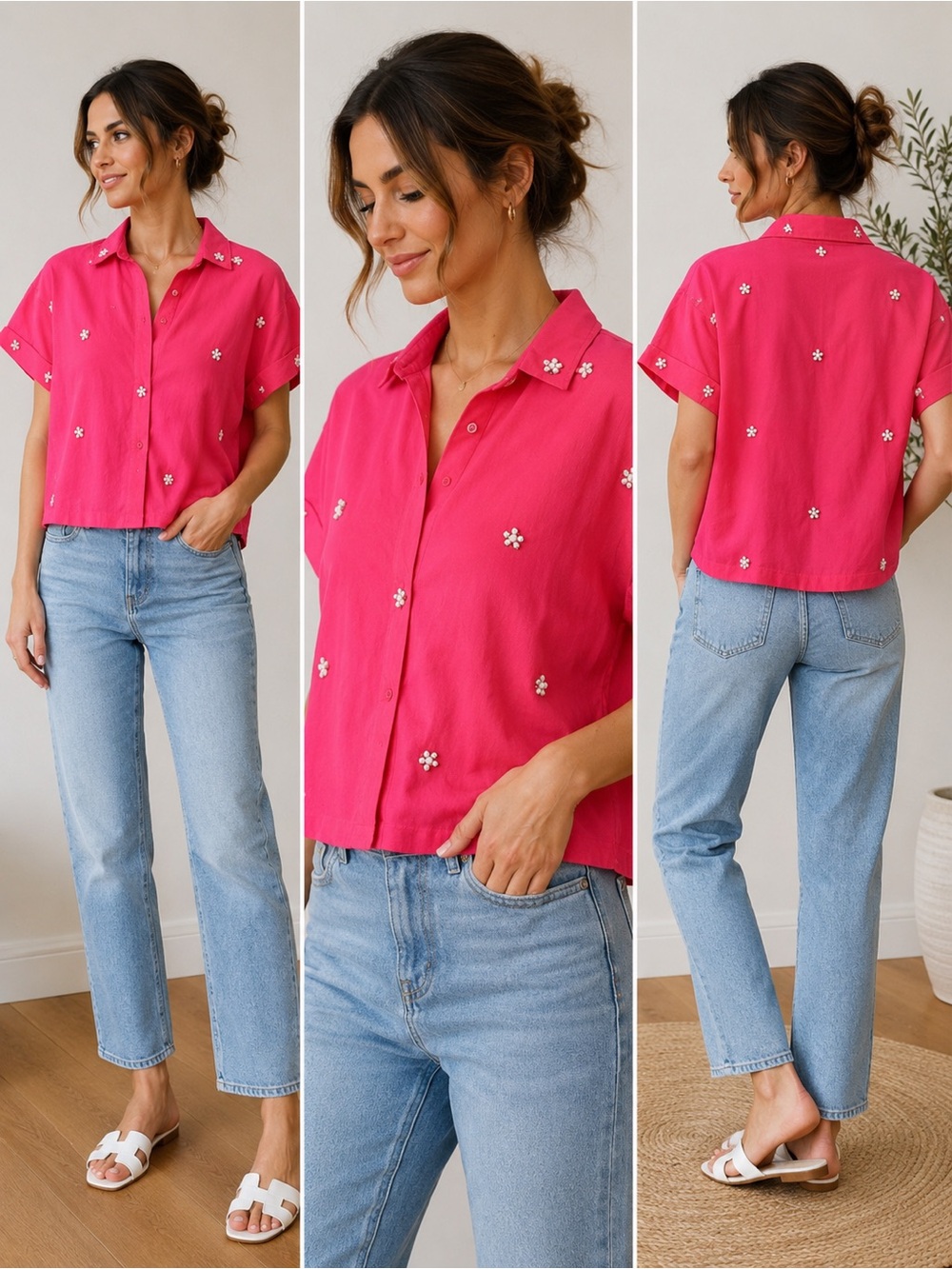 Zara Flamingo Pink Beaded Floral Button Up Shirt XS Embellished Boxy Top